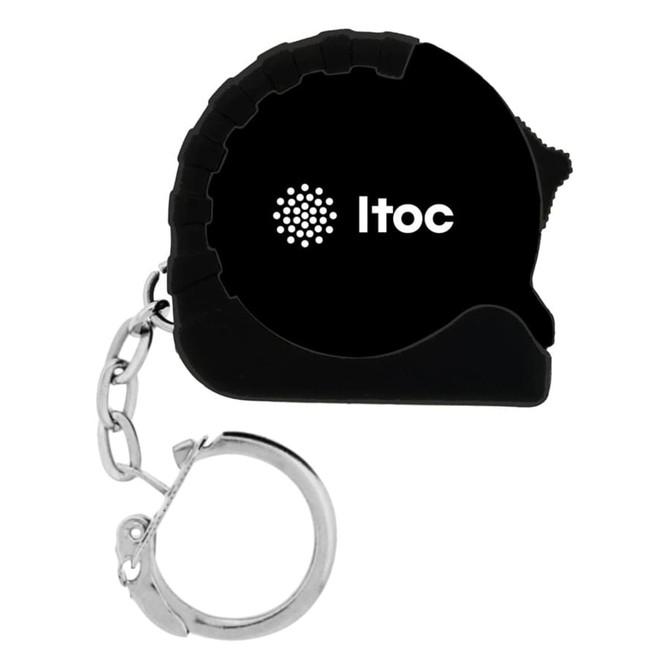 A black mini tape measure with a silver keychain attachment and a logo on the side.