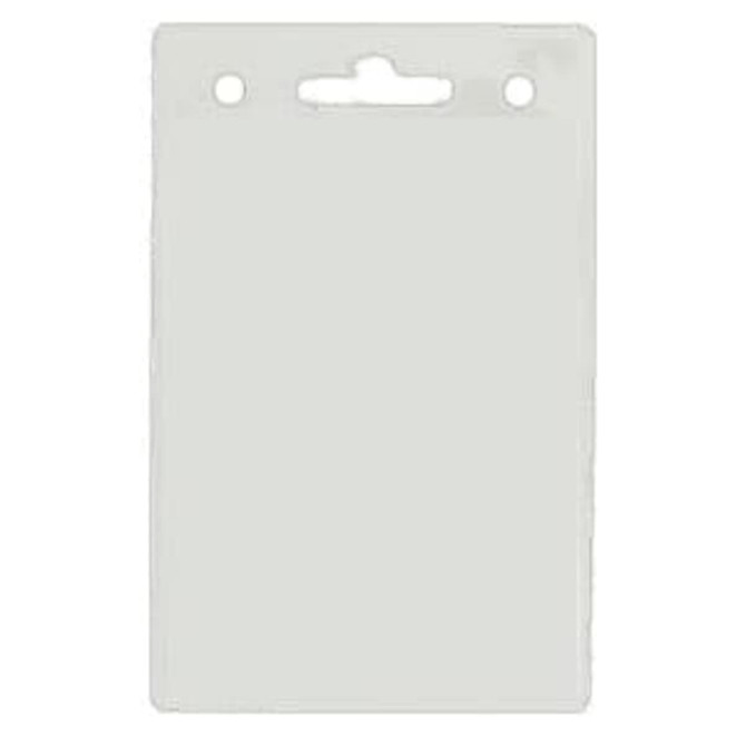 A clear badge holder measuring 82mm W x 130mm H, featuring a top slot for attachment.