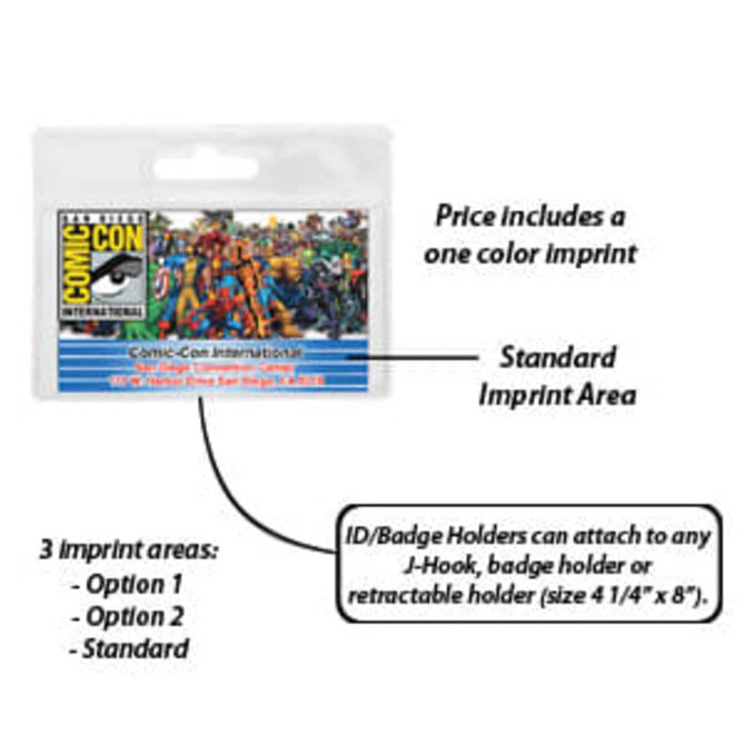A clear plastic badge holder with a colourful graphic and a logo, designed for ID or badge attachment.