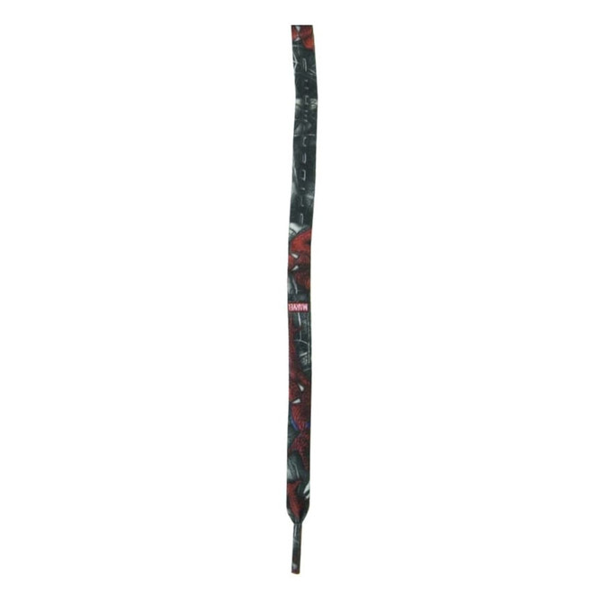 A single black and red patterned shoelace with a branding logo at the end.