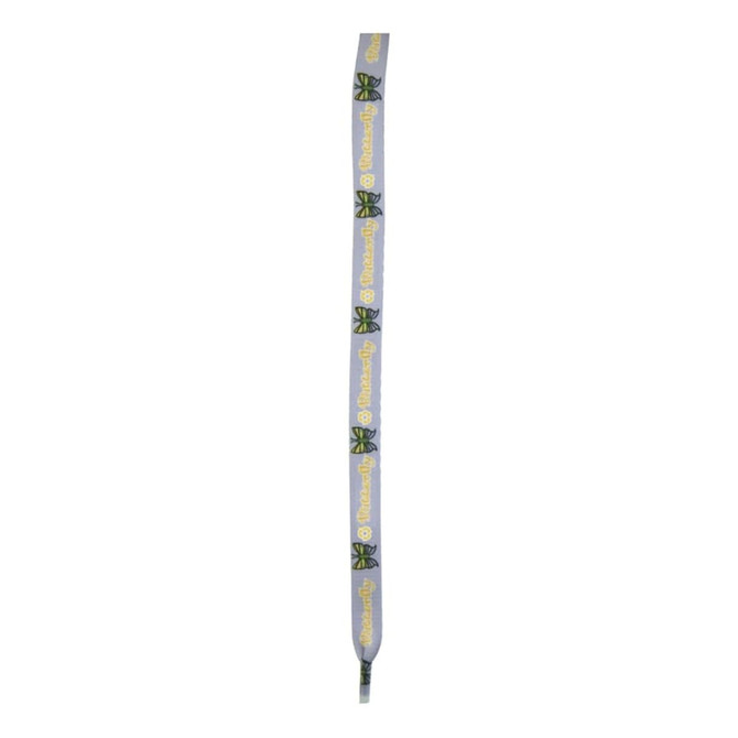 A pair of grey shoe laces featuring a logo and a colourful pattern along the length.