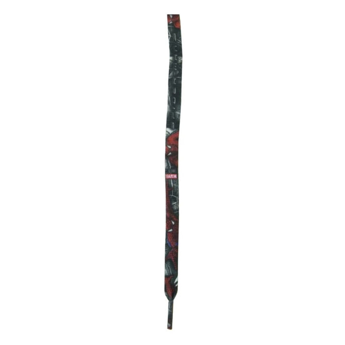 A shoe lace in a vibrant black and red design, featuring a logo at one end.