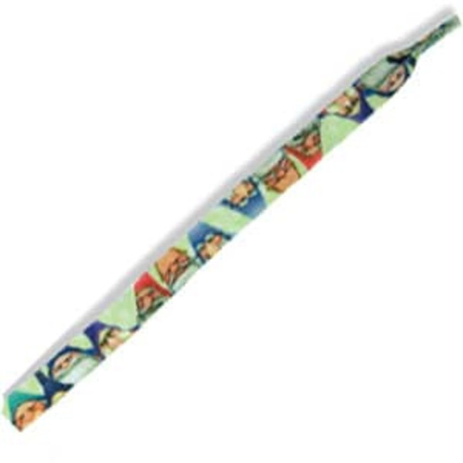 Recycled shoe laces in a multicoloured design featuring various vibrant patterns. Includes a logo.