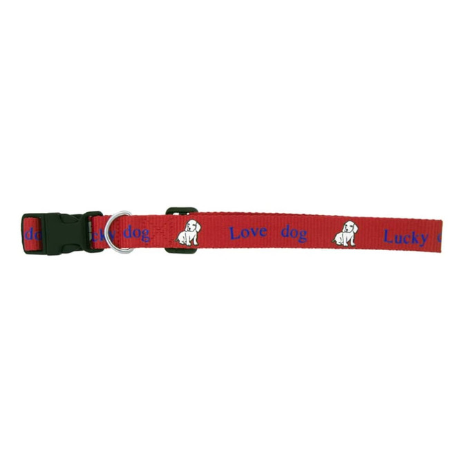 A red dog collar with a patterned design featuring the words "Love" and "Lucky" and a small dog illustration.