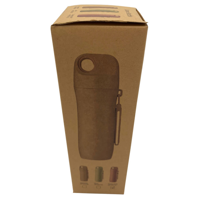 A drink bottle made of wheat straw, presented in eco-friendly packaging; features a logo and is available in multiple colours.