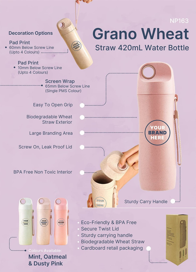 A drink bottle made from biodegradable wheat straw, available in pink and featuring a sturdy carrying handle.