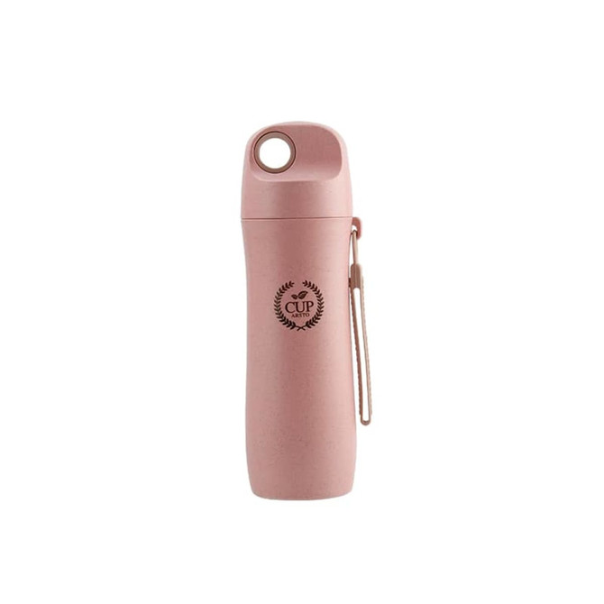 A drink bottle in a soft pink colour, made from wheat straw, featuring a logo and a convenient carry strap.