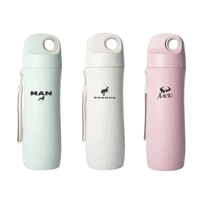 A drink bottle set featuring three colours: pale green, white, and light pink, with logos on each.