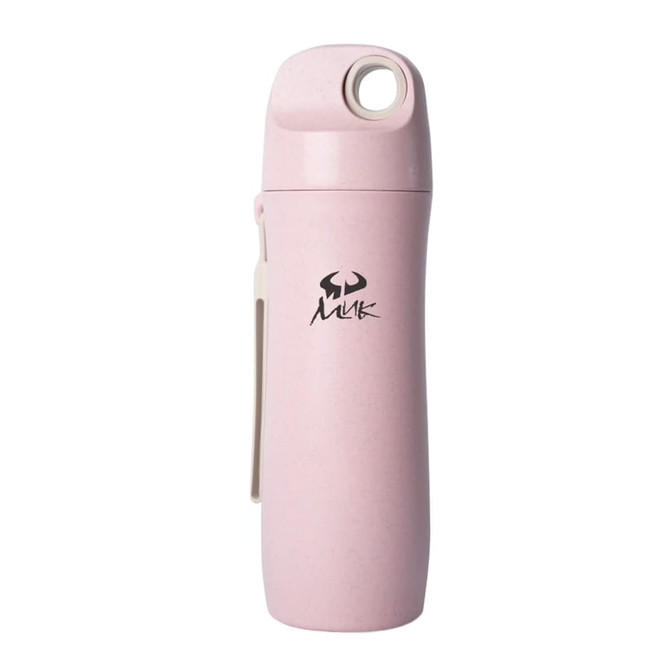 A drink bottle in a light pink colour made from wheat straw, featuring a logo and a clip.