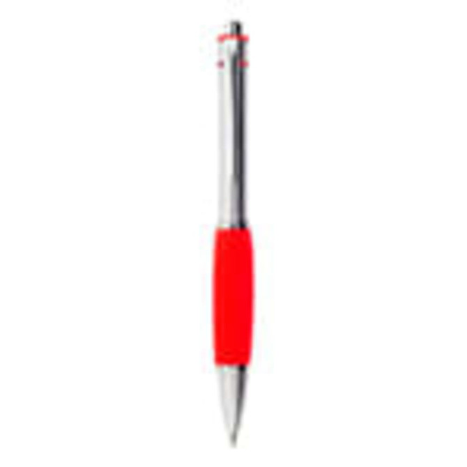 A metal pen with a shiny silver finish and a bright red rubber grip. Features a logo on the body.