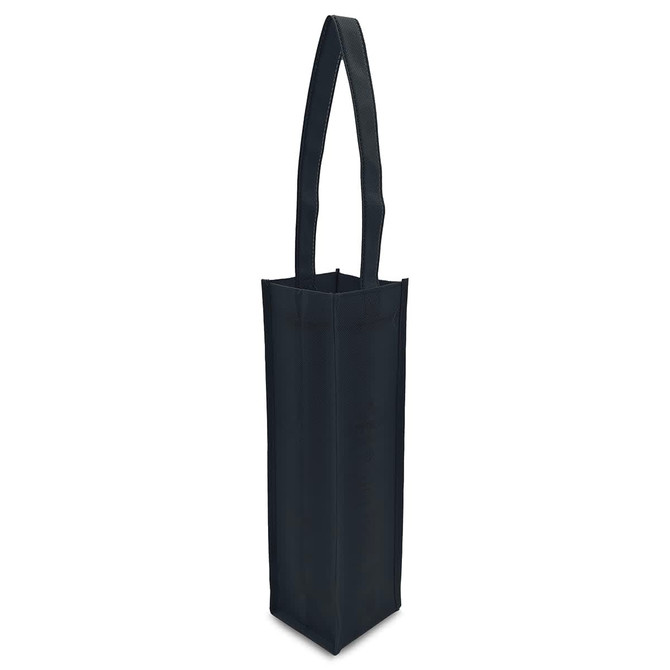 A tall, black non-woven tote bag with a single compartment and a long handle, featuring branding.