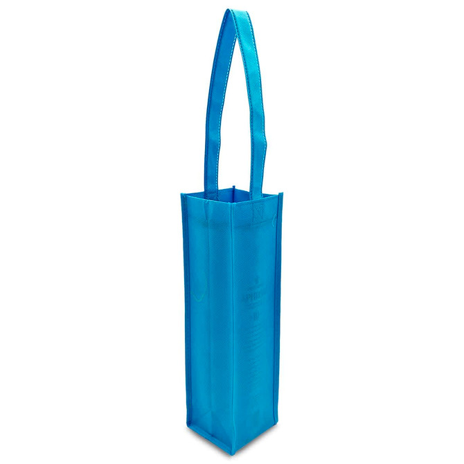 A blue non-woven single wine tote bag with a long handle and a logo.