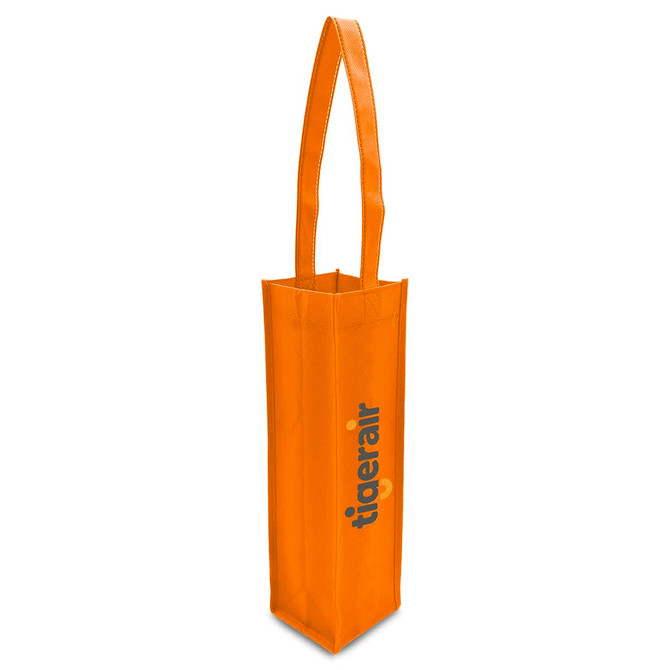 An orange non-woven single wine tote bag with a long handle and a logo.