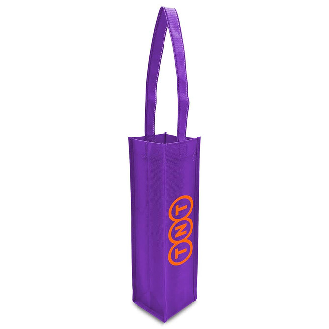 A purple non-woven single wine tote bag with long handles and a logo on the side.