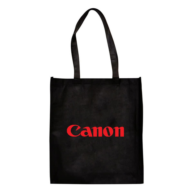 A large black shopping tote bag with a gusset and a logo in red. It features two sturdy handles.