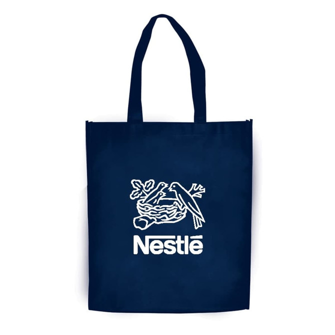 A navy large shopping tote bag with gusset and a logo design.