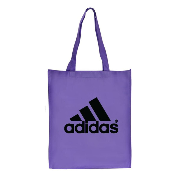 A large purple shopping tote bag with a gusset and a logo on the front.