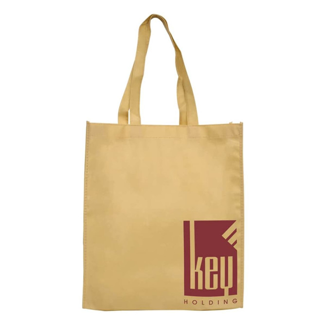A large yellow shopping tote bag with a gusset, featuring a logo on one side. Handles for easy carrying.