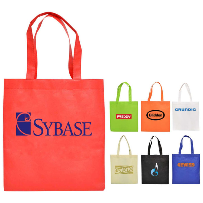 A red shopping tote bag with a logo, accompanied by various coloured tote bags in orange, white, and others.