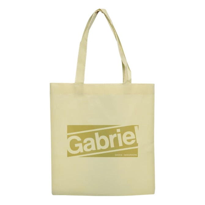 A cream shopping tote bag with a gold logo design and two shoulder straps.