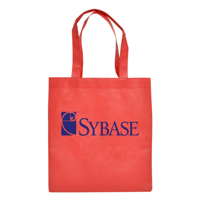 A red shopping tote bag with two handles and a logo on the front.