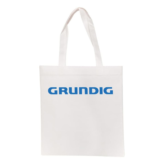 A white shopping tote bag with blue branding, featuring two handles for carrying.