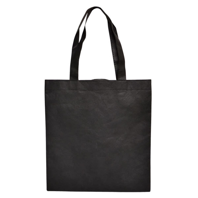 A black shopping tote bag with two shoulder straps and a simple design, featuring a logo on one side.