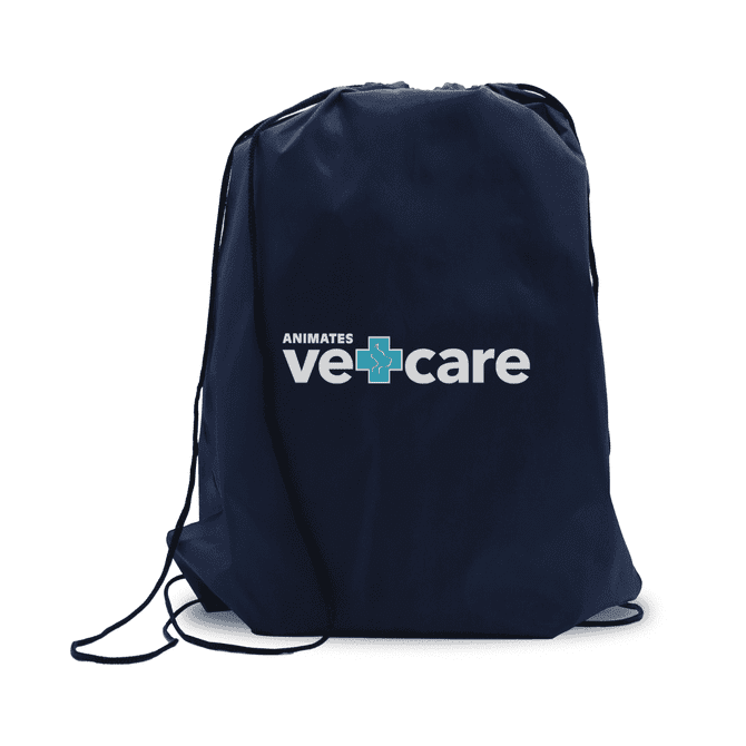 A navy blue drawstring bag featuring a logo on the front and adjustable cords for closure.