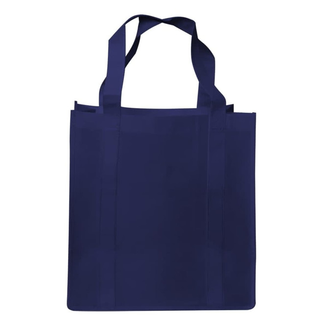 A navy shopping tote bag with a gusset, featuring two shoulder straps and a simple design.