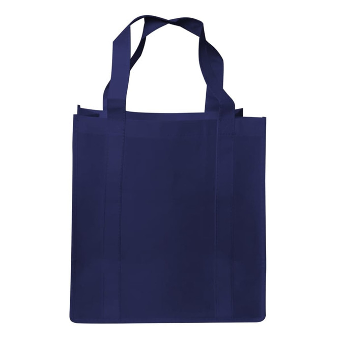 A navy shopping tote bag with a gusset and sturdy handles. It features a simple design with a logo.