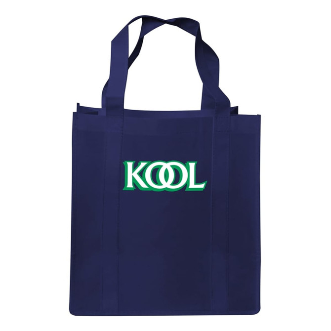 A navy blue shopping tote bag with a gusset and a logo on the front.