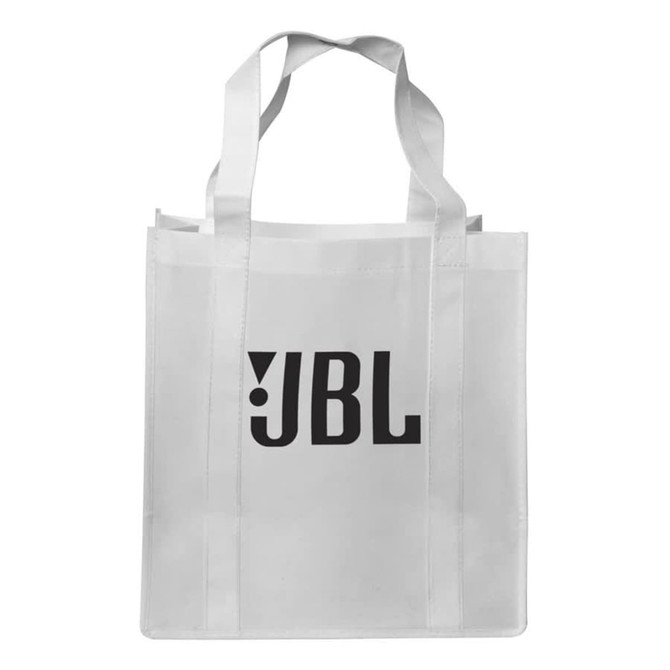 A white shopping tote bag with a gusset and a black logo on one side.