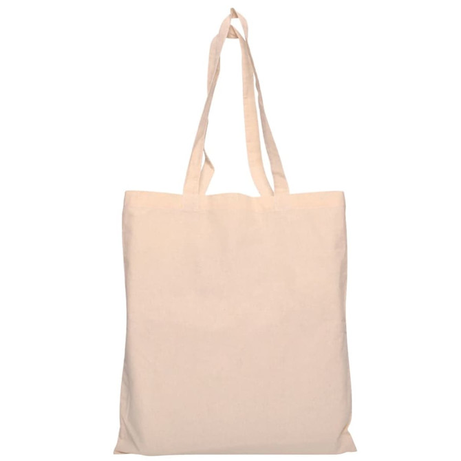 A calico tote bag in a light beige colour with long, sturdy handles. It features a logo on one side.
