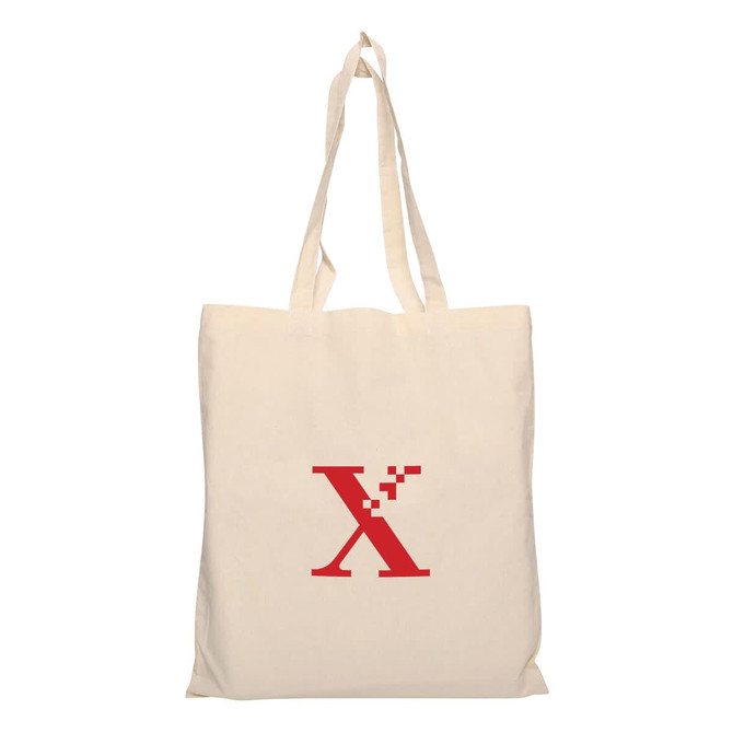 A cream calico tote bag with long handles and a red logo in the centre.