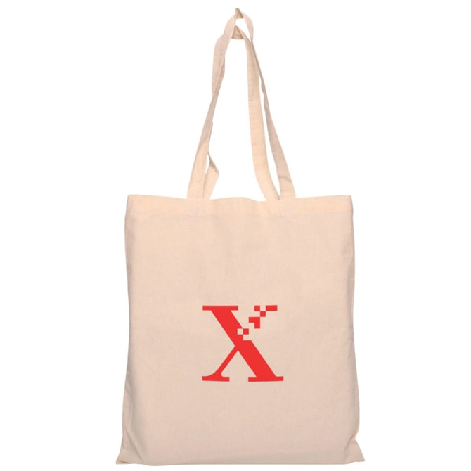 A beige calico tote bag featuring a red logo on the front and two long handles for easy carrying.