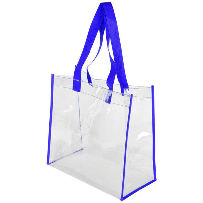 A clear tote bag with blue handles and edges, featuring a simple design and a logo.