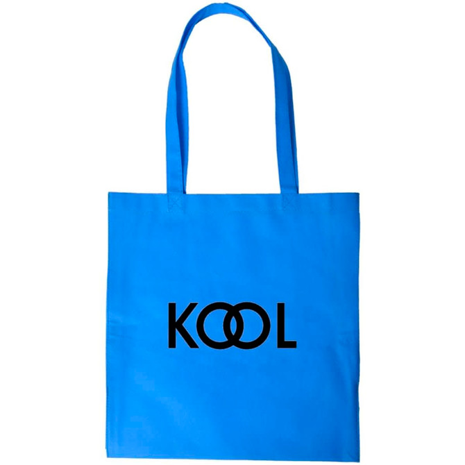 A blue shopping tote bag with a v gusset and a logo printed on the front.