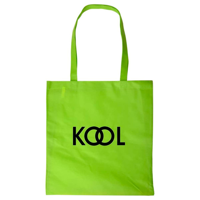 A bright green shopping tote bag with a logo featuring the word "KOOL" in black.