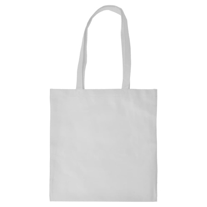 A plain white shopping tote bag with a V gusset and two long handles. It has a logo or branding on it.