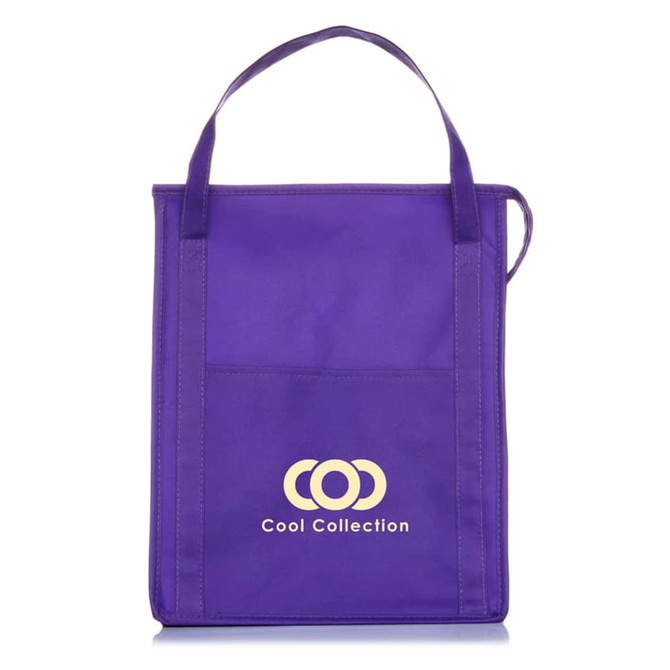 A purple insulated grocery tote with a front pocket and branding on the lower section.