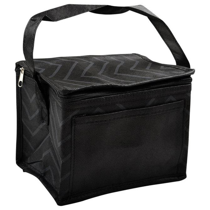 A black insulated cooler bag with a zip closure and a handle, featuring a textured pattern and a front pocket.
