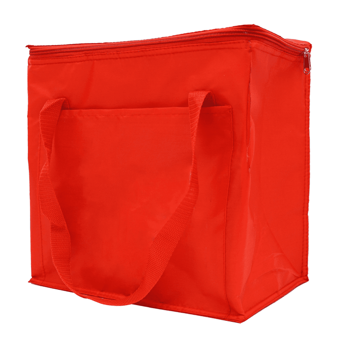 A red insulated grocery bag with a zippered top and handles, featuring a front pocket.