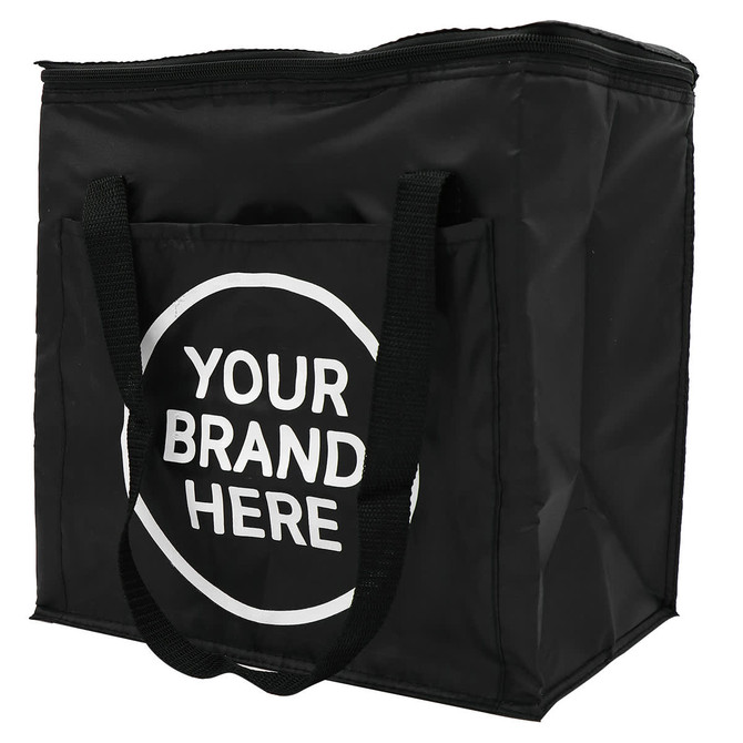 A black insulated grocery bag with sturdy handles and a logo on the front.