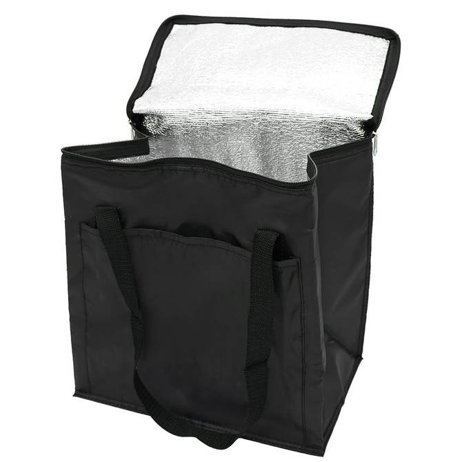 A black insulated grocery bag with a silver reflective interior and dual black handles. It has a zippered top and an exterior pocket.
