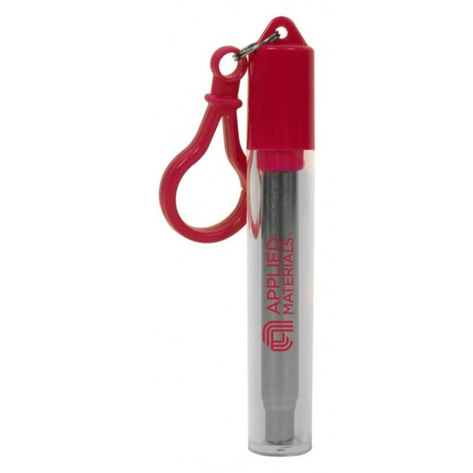 A telescopic stainless steel straw in a transparent casing with a red cap and keyring attachment.