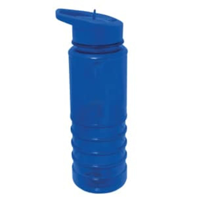 A drink bottle in blue plastic with a screw-on lid and a spout for easy pouring. It features a branding logo.