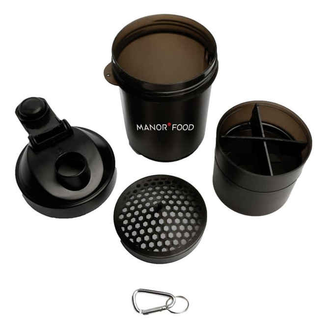 A drink bottle in black, featuring a shaker cup with a detachable lid, strainer, and mixing compartment. Includes a carabiner.