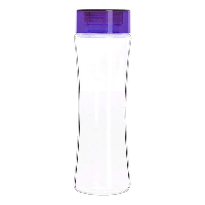 A drink bottle in clear Tritan with a purple lid and a simple, modern design. It features a logo.