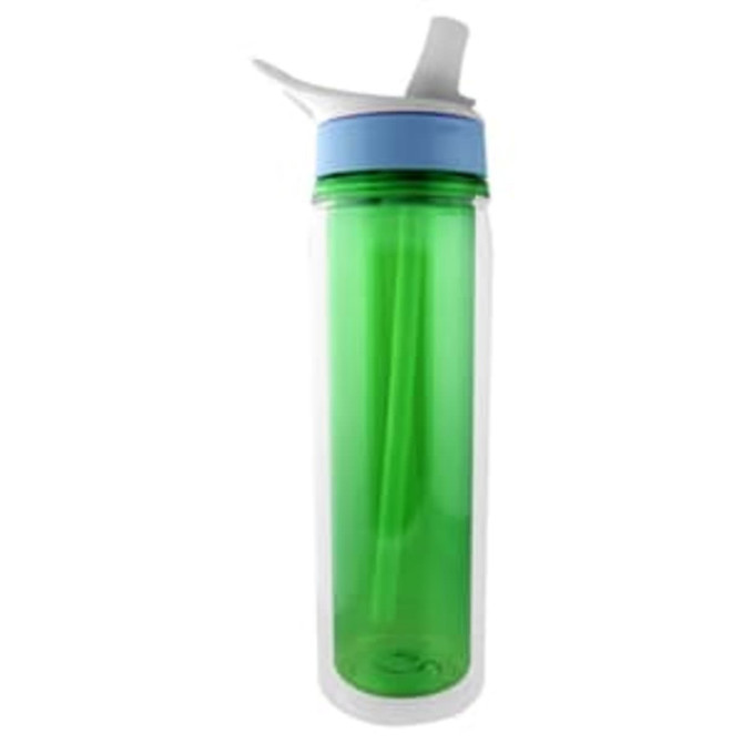 A drink bottle featuring a translucent green body, a blue lid, and a straw. It also has a logo.