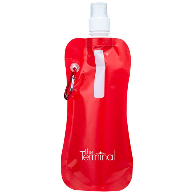 A drink bottle in a vibrant red colour with a white spout and a branding logo.